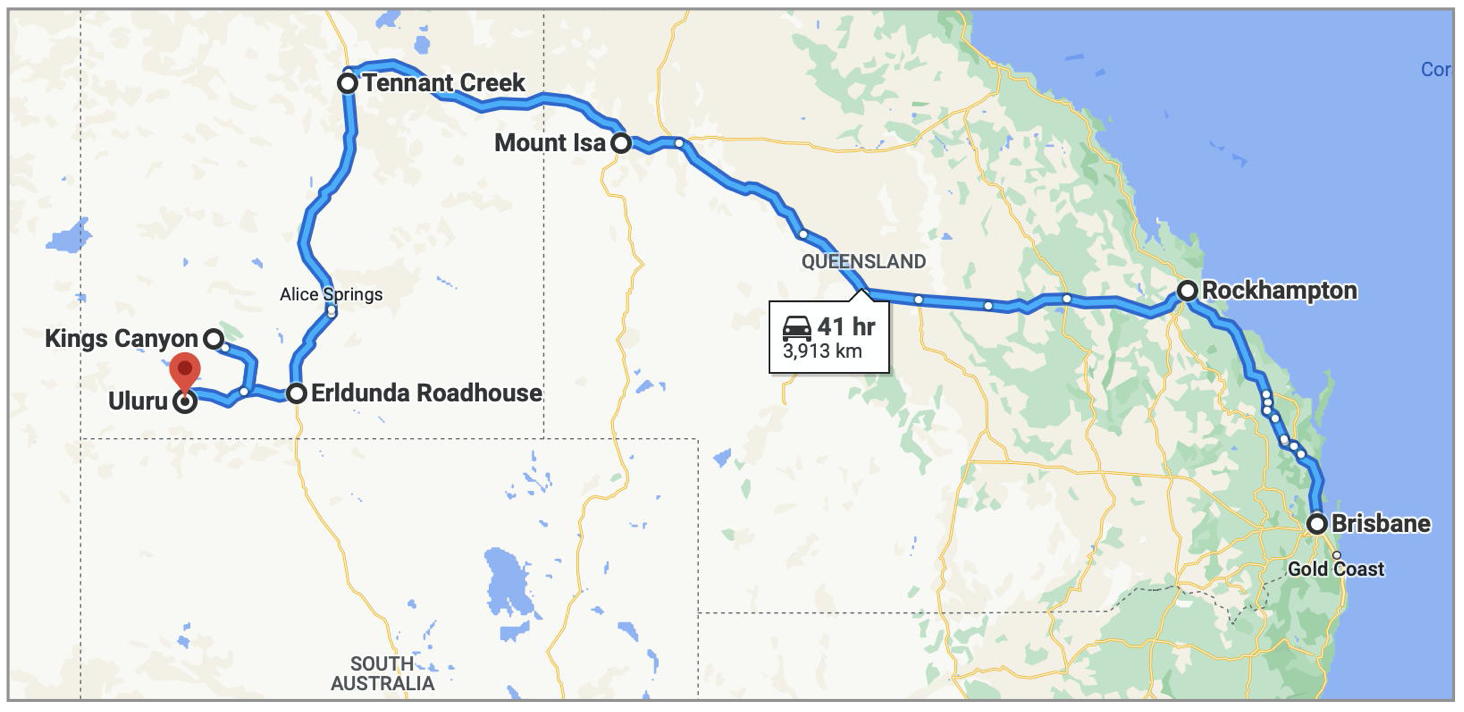 Map - Brisbane to Uluru