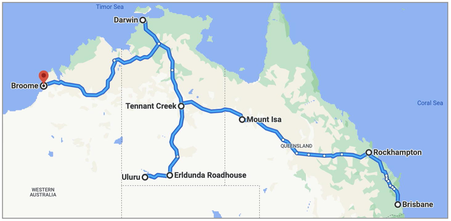 Map of Brisbane to Broome