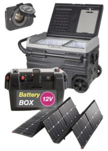 Fridge, 12v socket, battery box and solar panel