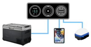Fridge, light and iPad connected to battery box outlets - schematic
